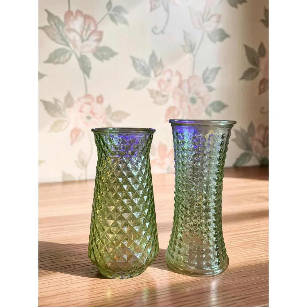 Vintage DPS Green Glass Vases Set of 2 Paula Hobnail MCM 1960s Textured 9-10